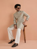 Grey Silk Blend Textured Sherwani Wide Leg Trouser Set