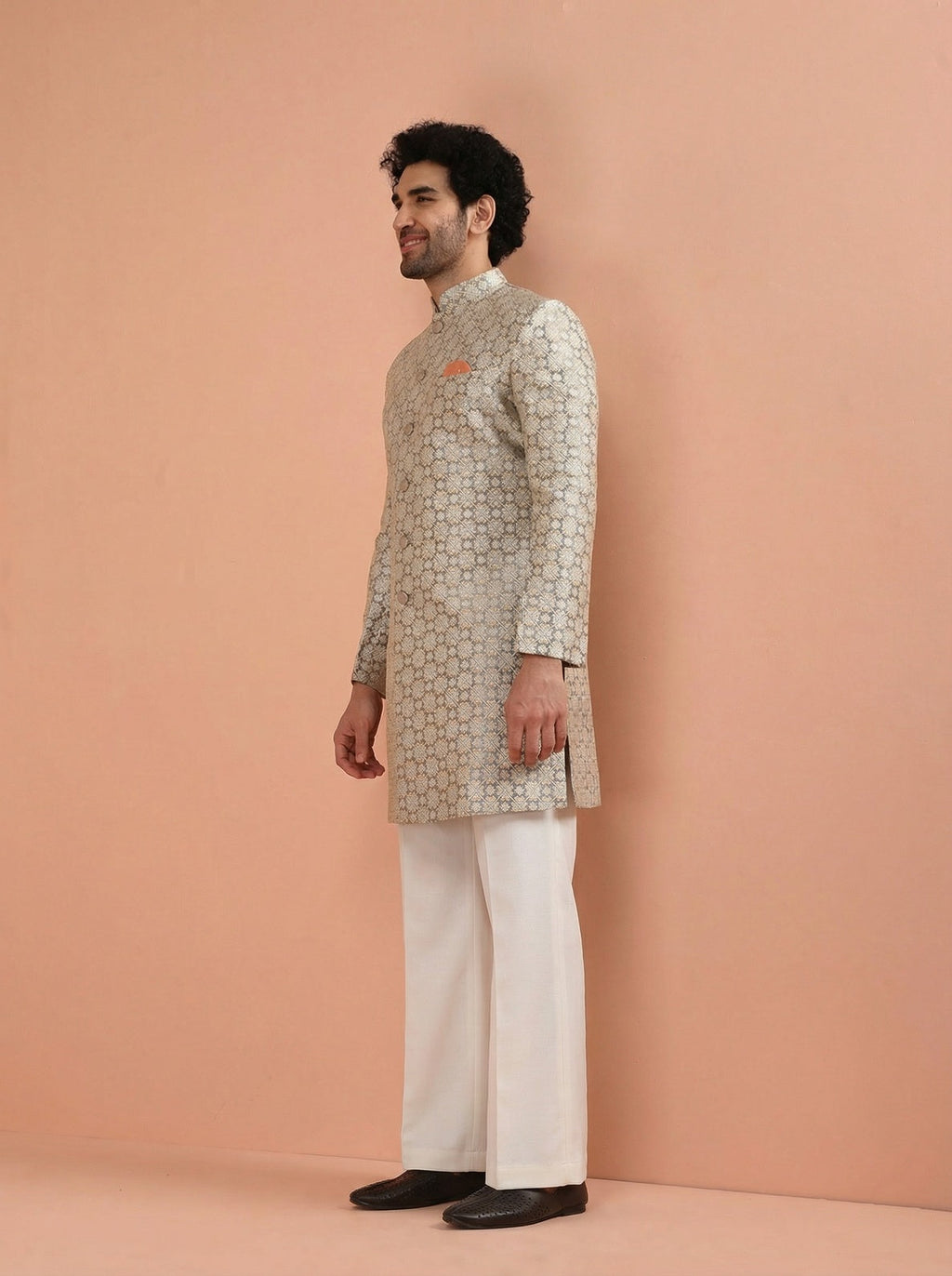 Grey Silk Blend Textured Sherwani Wide Leg Trouser Set