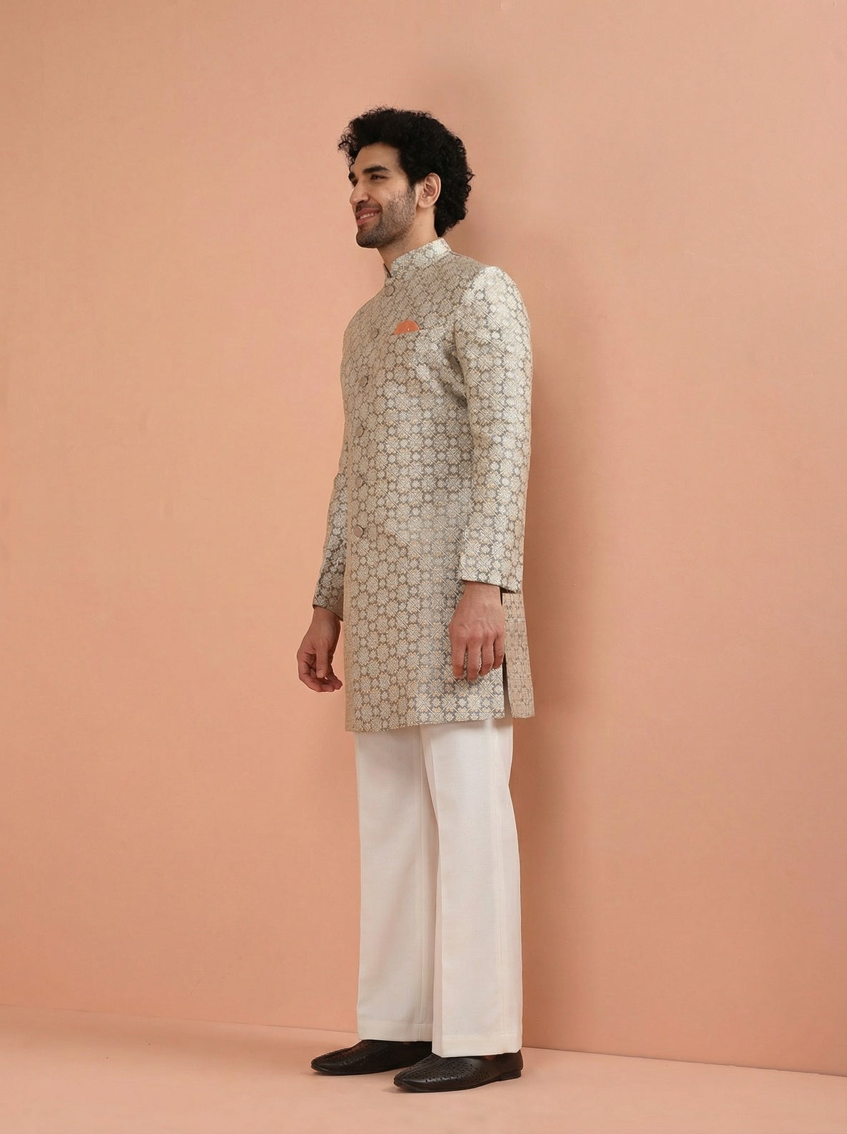 Grey Silk Blend Textured Sherwani Wide Leg Trouser Set