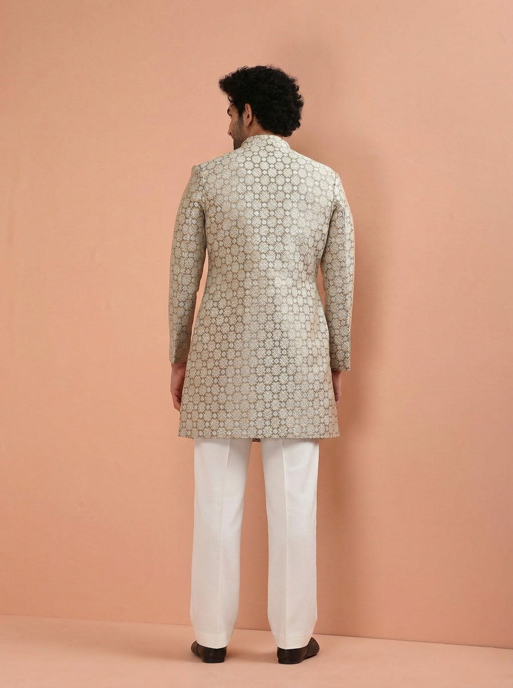 Grey Silk Blend Textured Sherwani Wide Leg Trouser Set