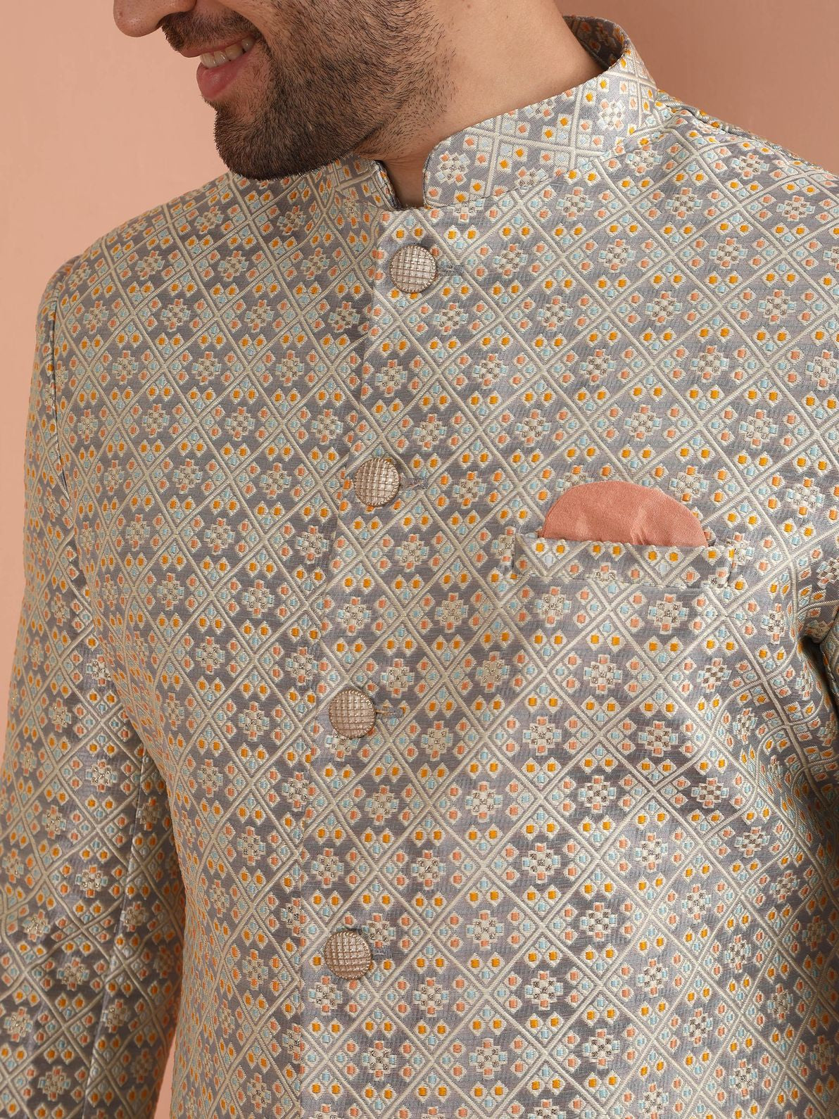 Grey Silk Blend Textured Sherwani Wide Leg Trouser Set