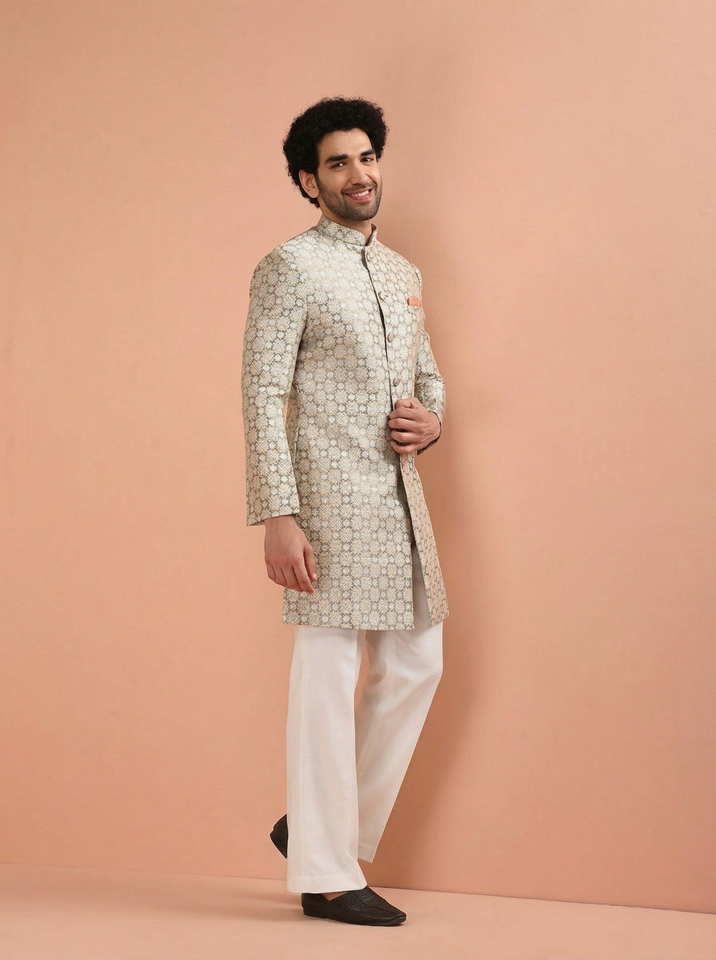 Grey Silk Blend Textured Sherwani Wide Leg Trouser Set