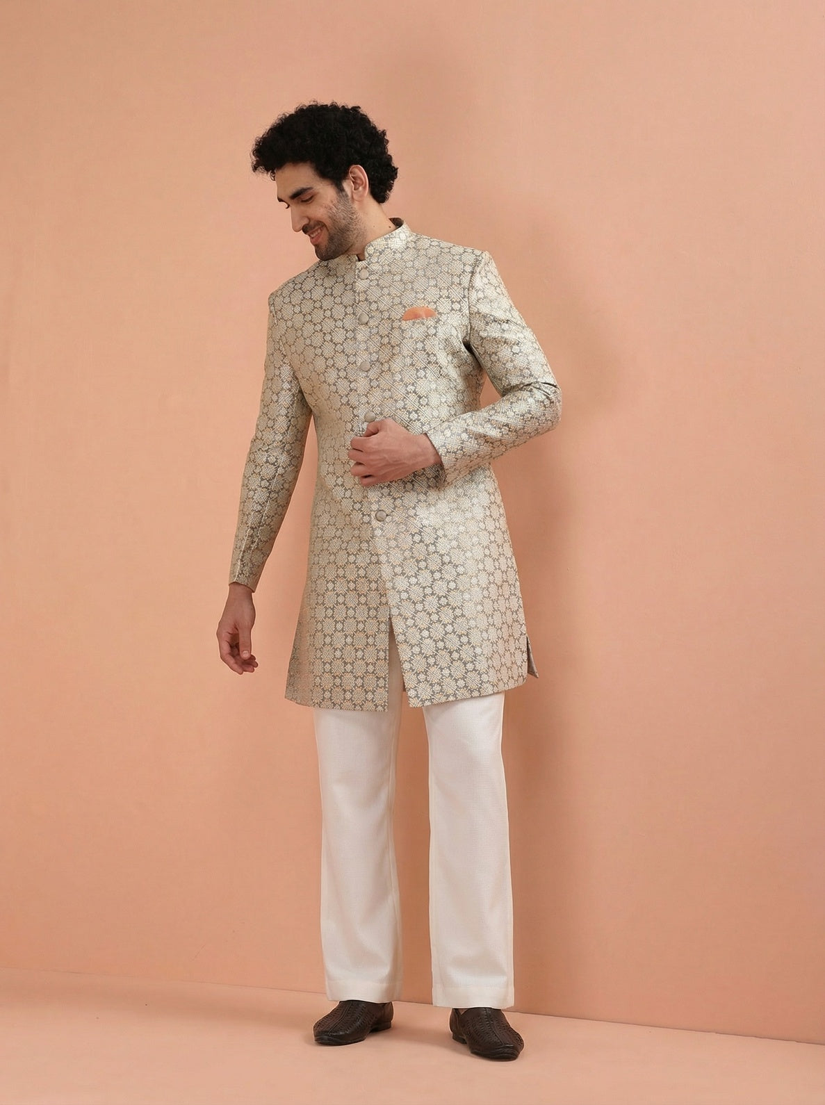 Grey Silk Blend Textured Sherwani Wide Leg Trouser Set