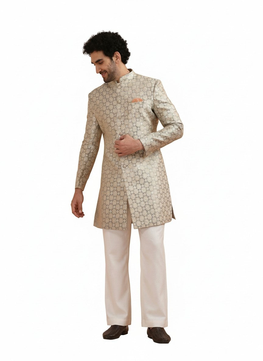 Grey Silk Blend Textured Sherwani Wide Leg Trouser Set