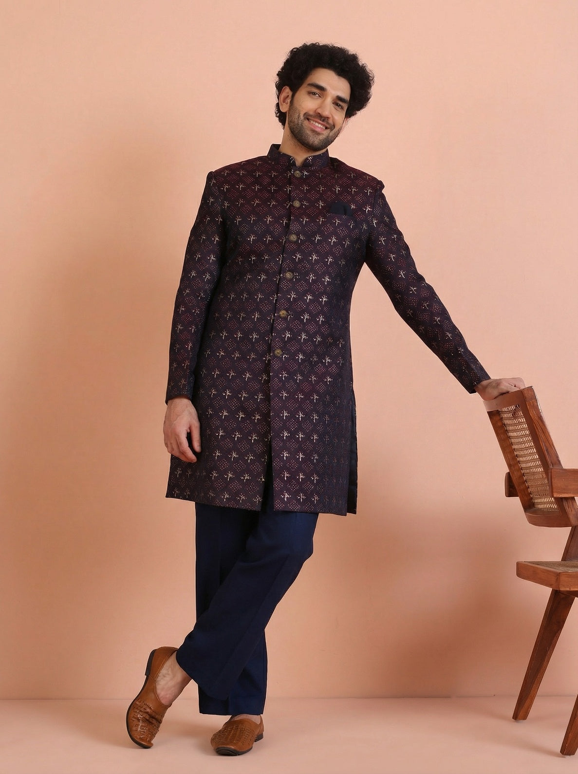 Wine Silk Blend Jacquard Sherwani Wide Leg Trouser Set