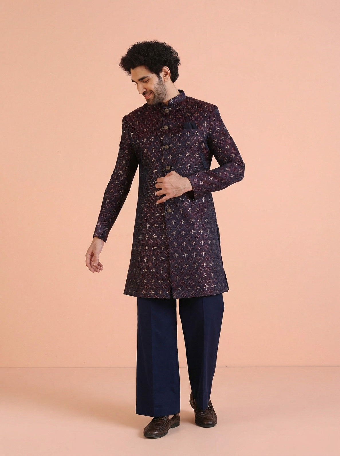 Wine Silk Blend Jacquard Sherwani Wide Leg Trouser Set