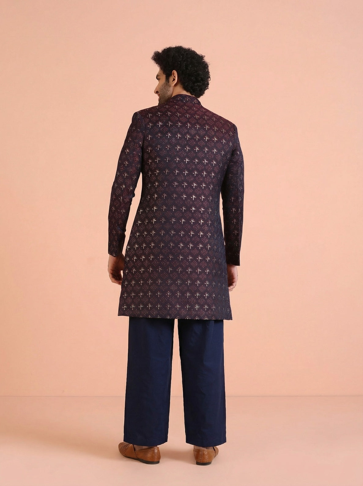 Wine Silk Blend Jacquard Sherwani Wide Leg Trouser Set