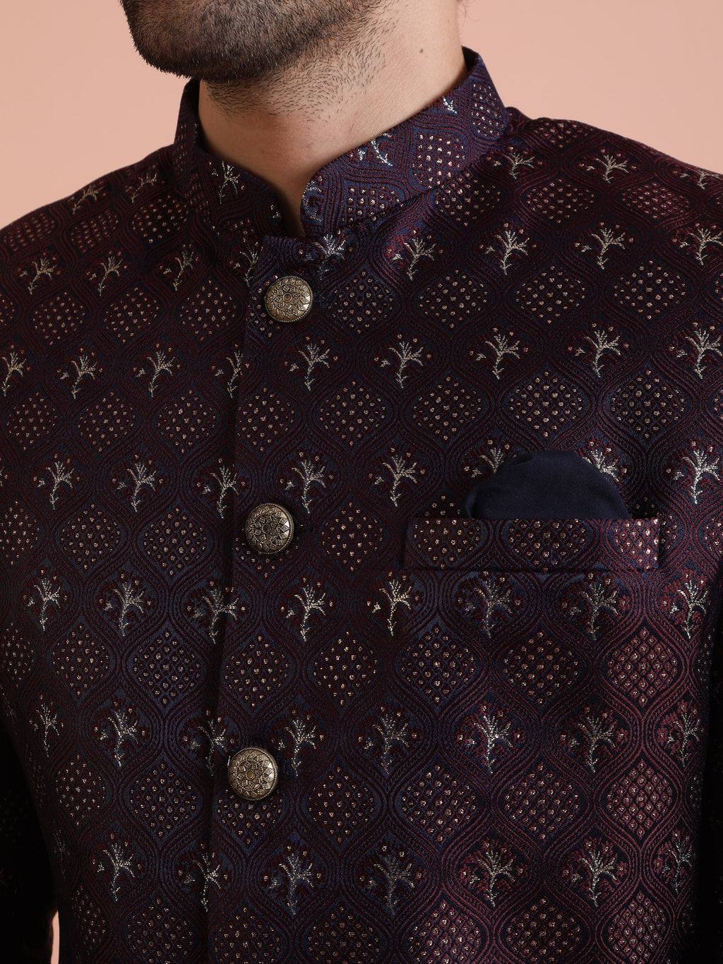 Wine Silk Blend Jacquard Sherwani Wide Leg Trouser Set