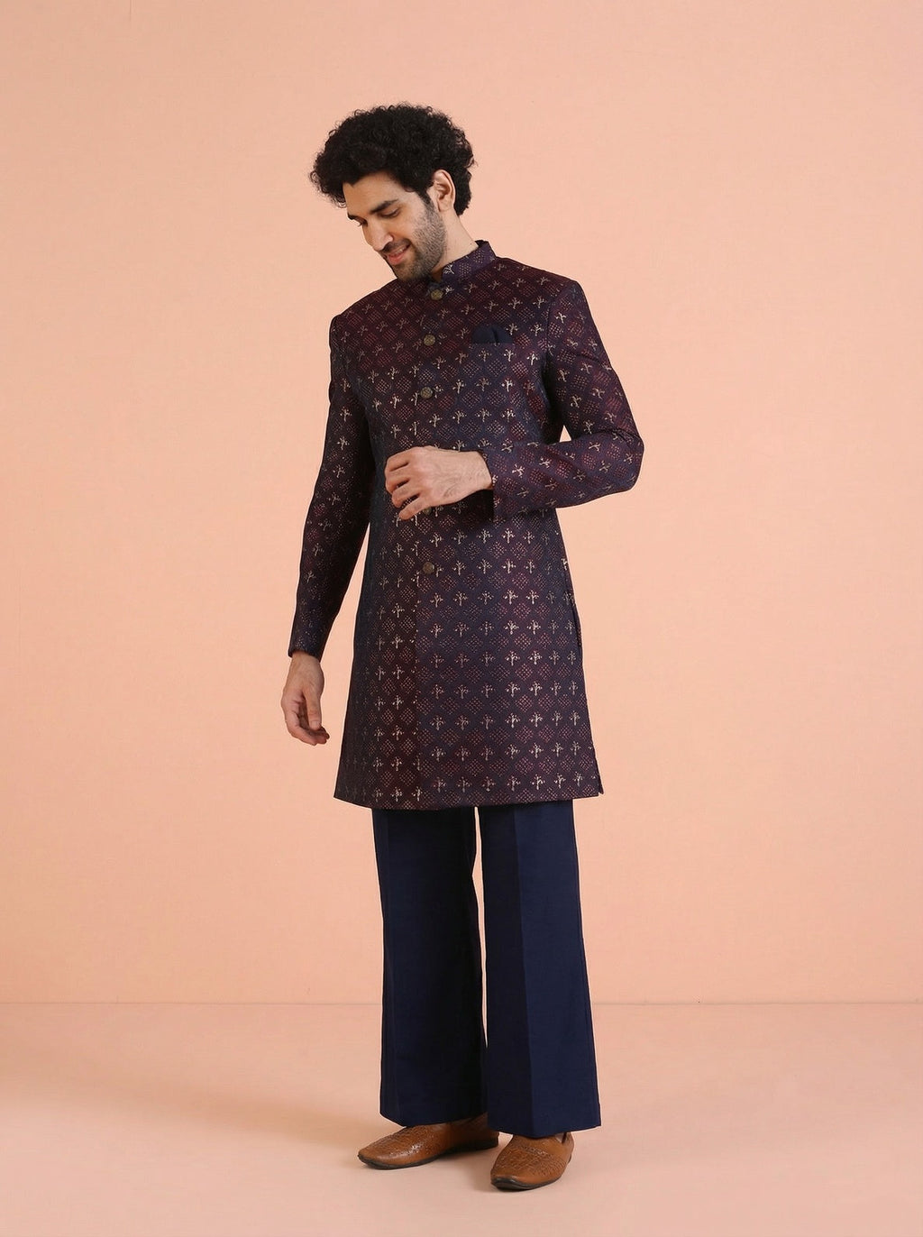 Wine Silk Blend Jacquard Sherwani Wide Leg Trouser Set