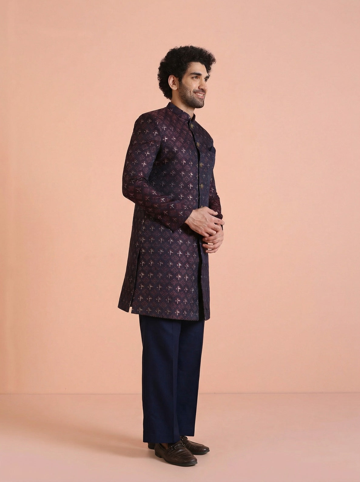 Wine Silk Blend Jacquard Sherwani Wide Leg Trouser Set