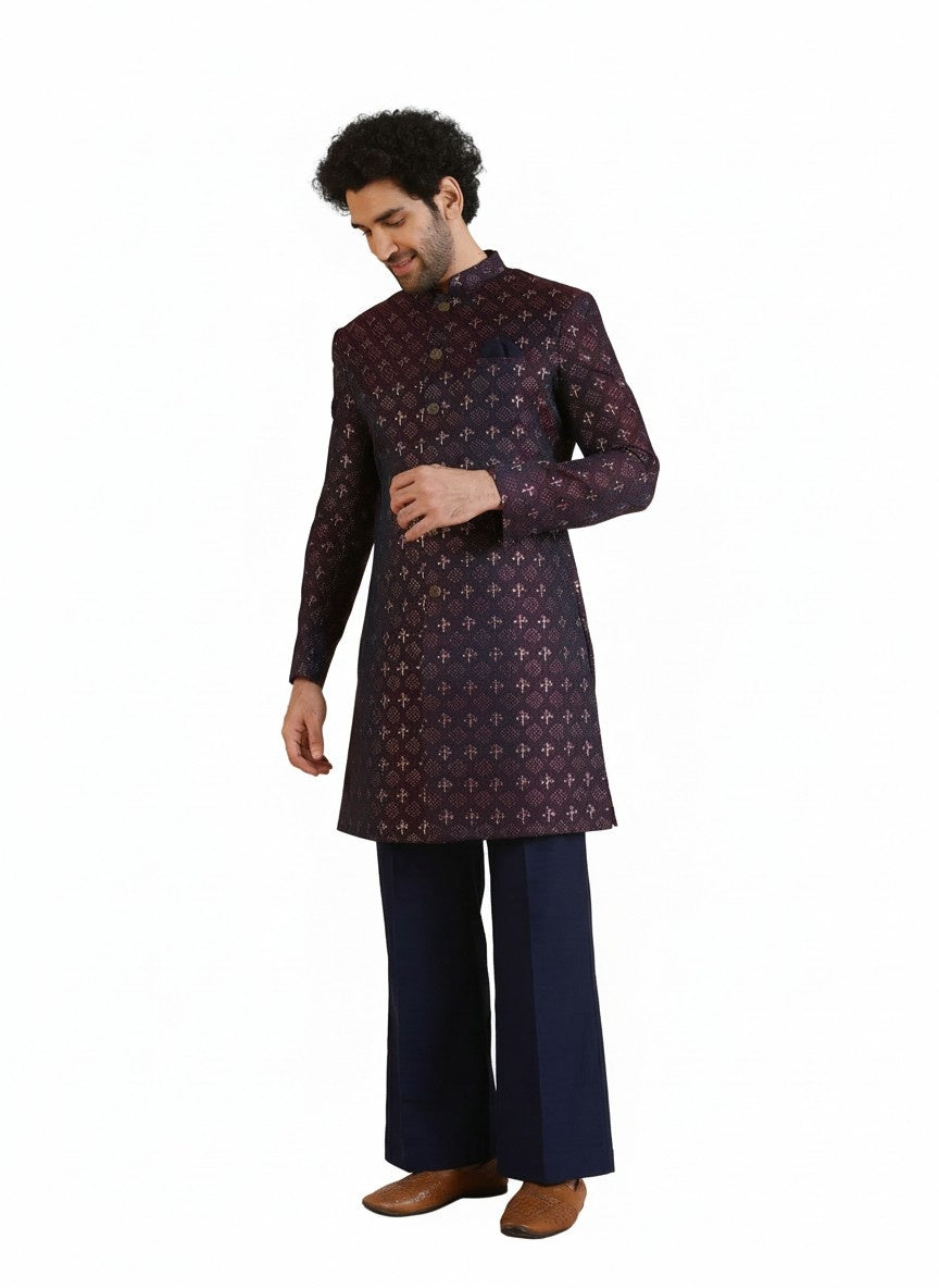 Wine Silk Blend Jacquard Sherwani Wide Leg Trouser Set