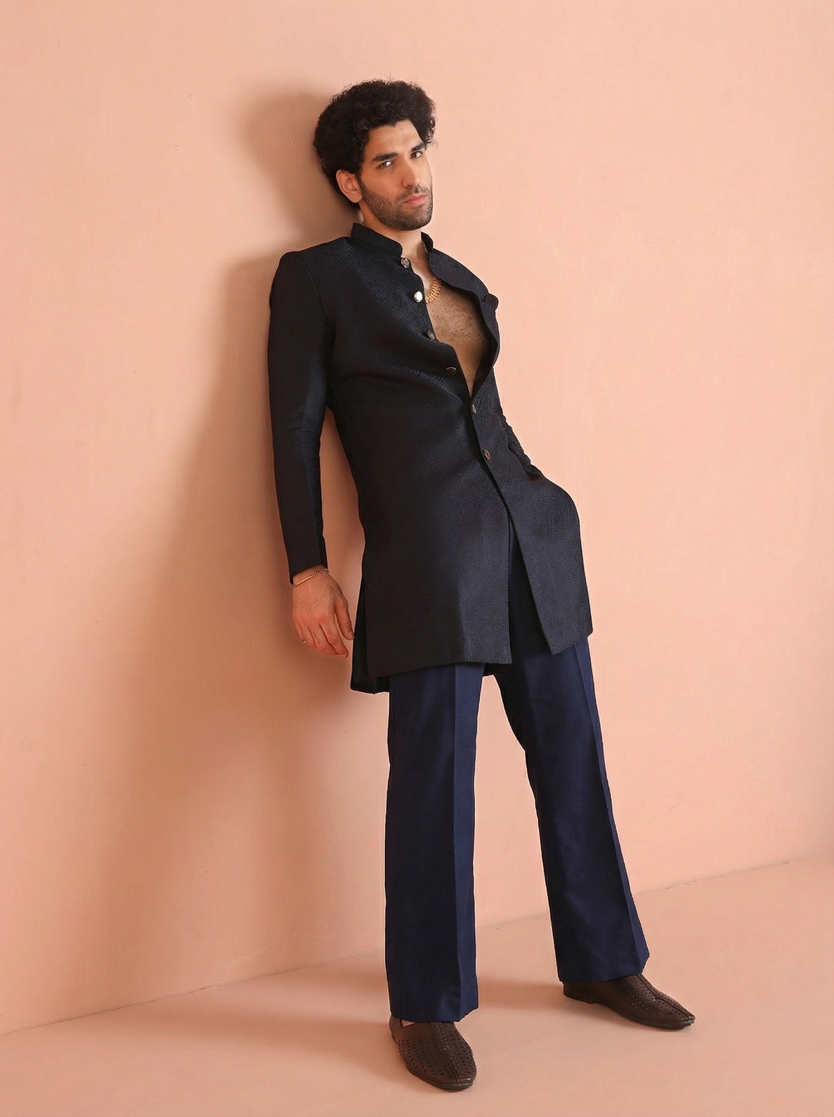 Navy Blue Silk Blend Jacquard Sherwani Wide Leg Trouser Set