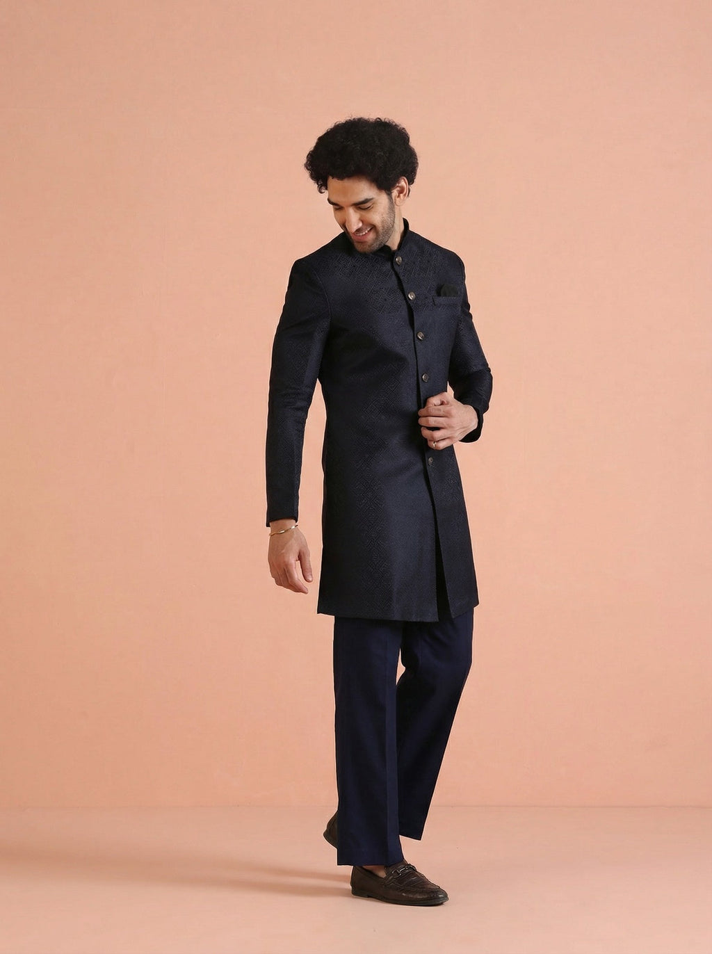 Navy Blue Silk Blend Jacquard Sherwani Wide Leg Trouser Set