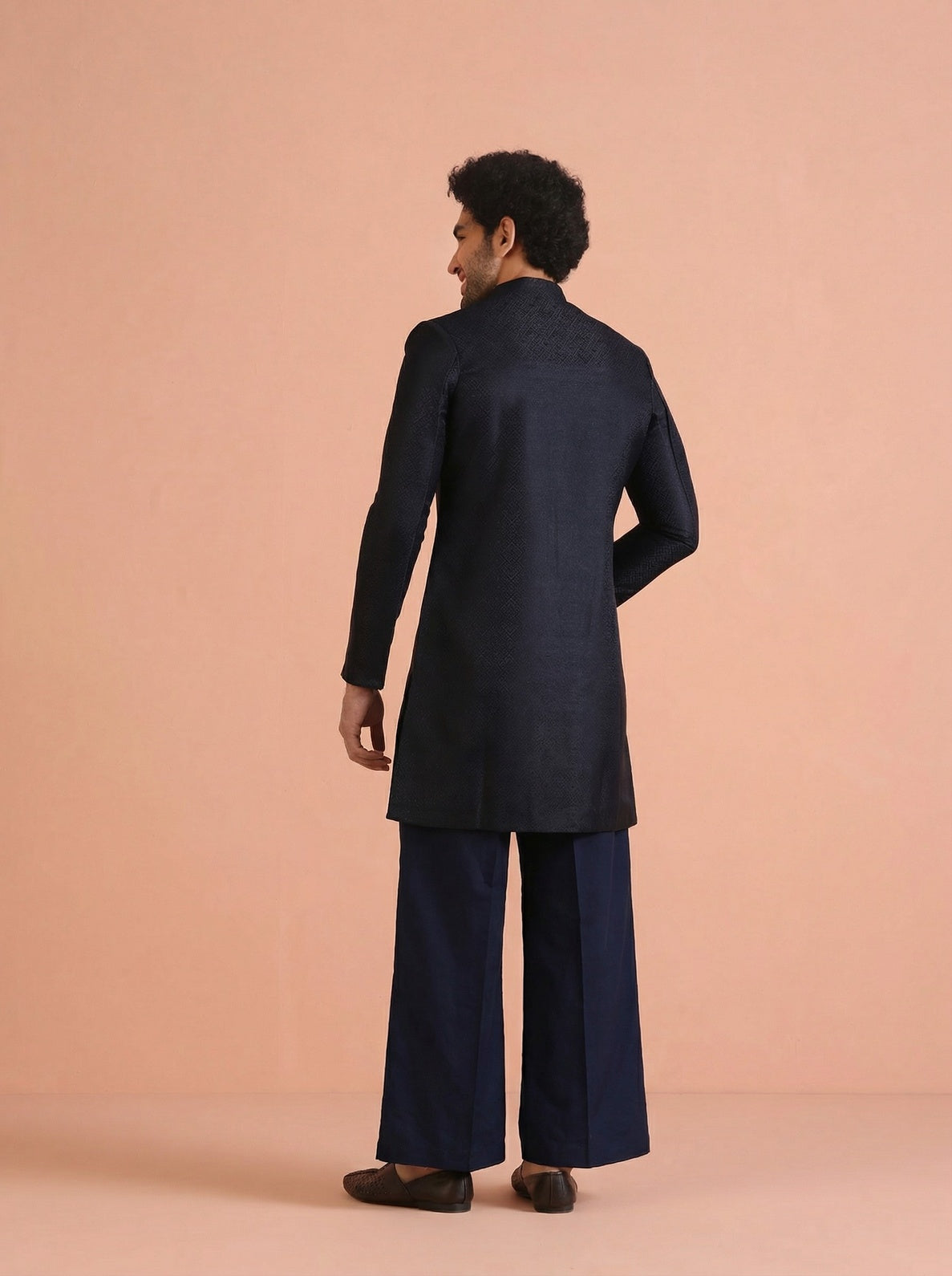Navy Blue Silk Blend Jacquard Sherwani Wide Leg Trouser Set