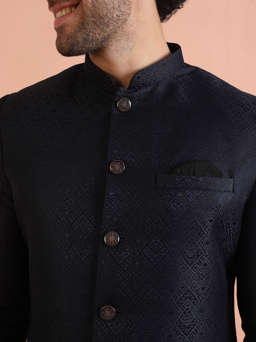 Navy Blue Silk Blend Jacquard Sherwani Wide Leg Trouser Set
