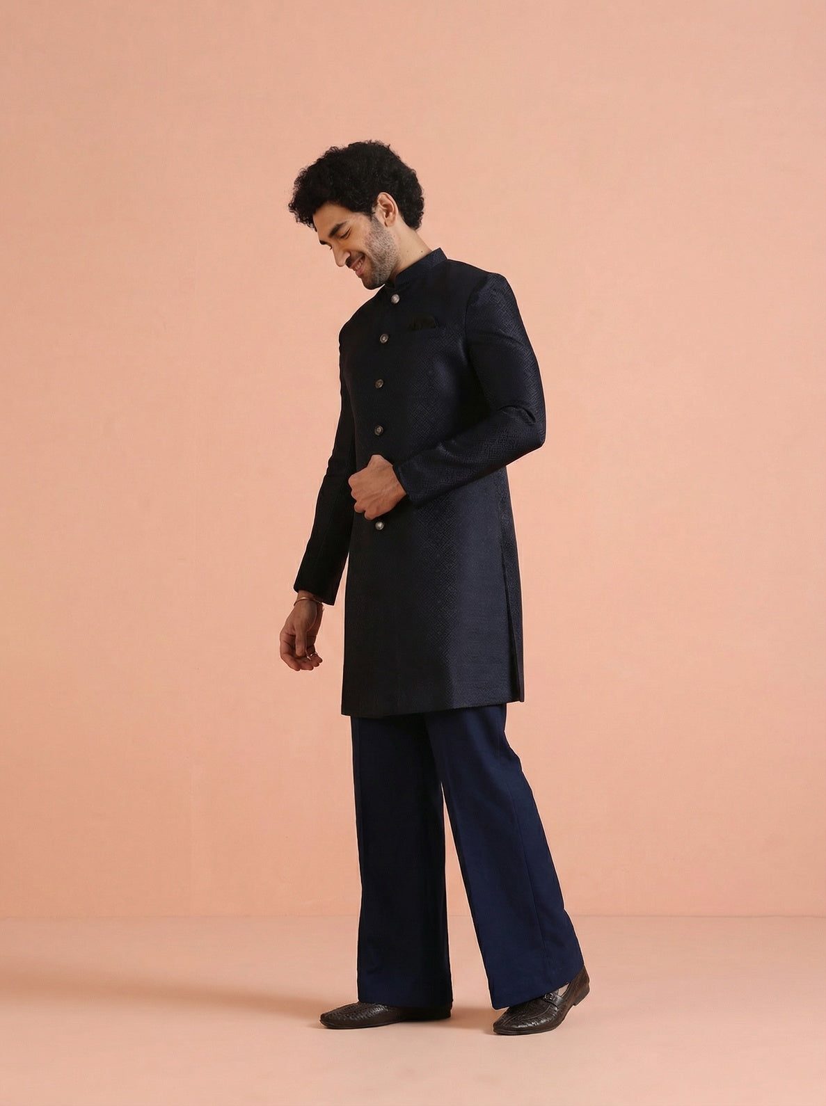 Navy Blue Silk Blend Jacquard Sherwani Wide Leg Trouser Set