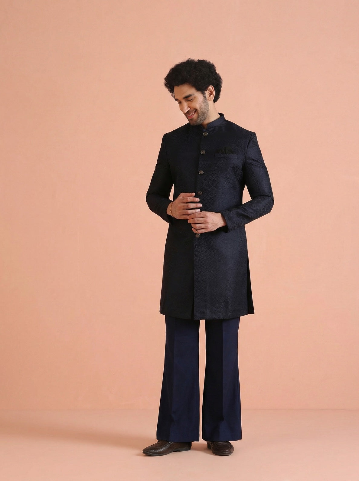 Navy Blue Silk Blend Jacquard Sherwani Wide Leg Trouser Set