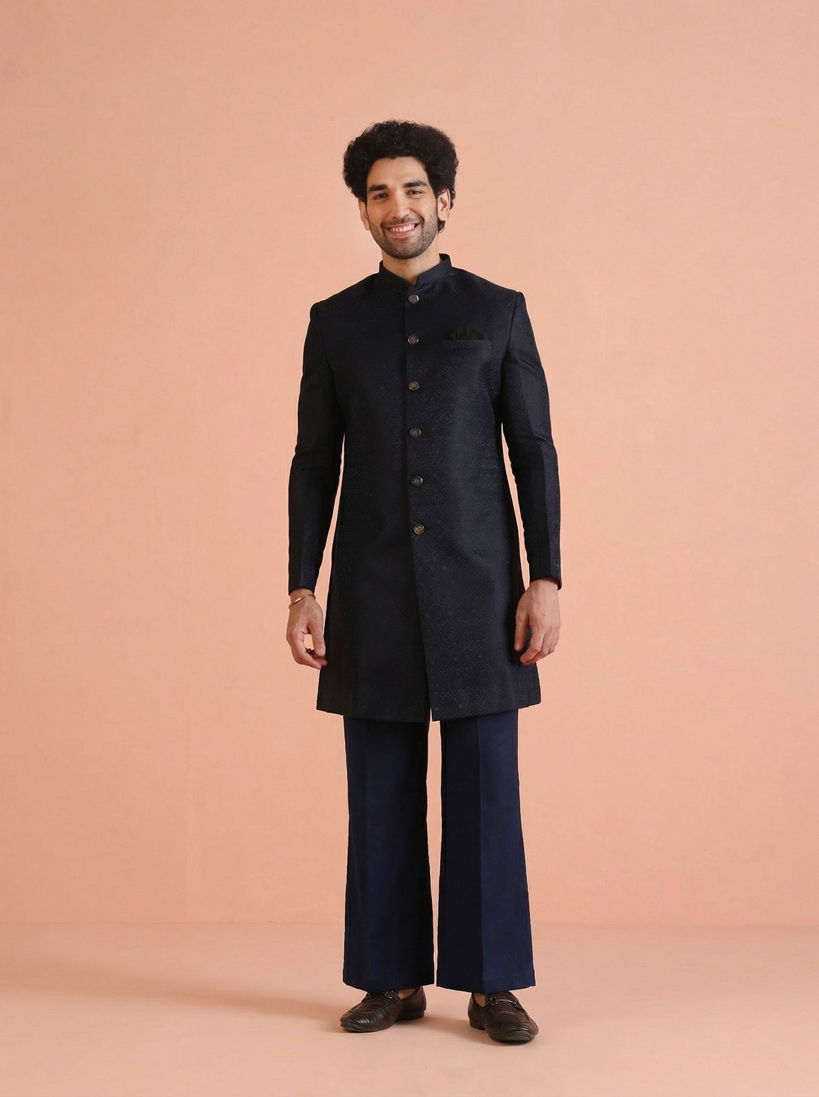 Navy Blue Silk Blend Jacquard Sherwani Wide Leg Trouser Set