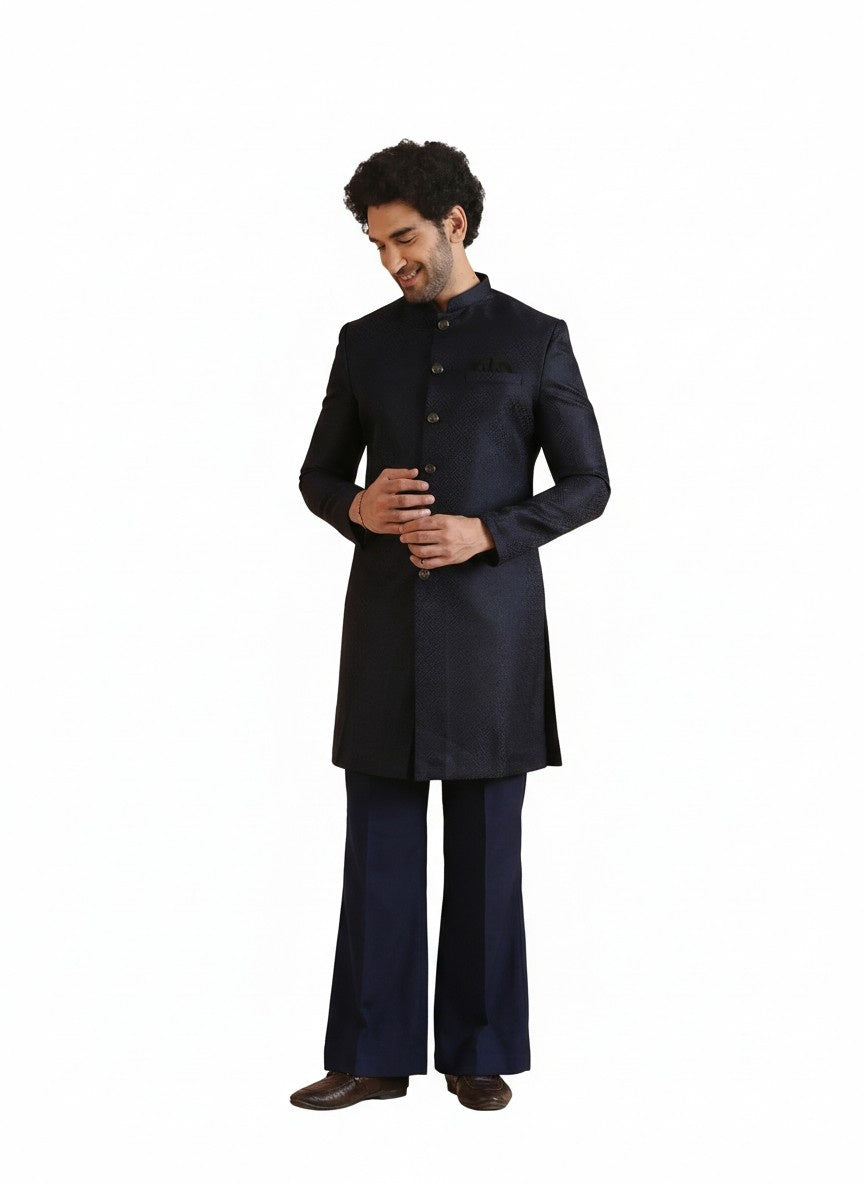 Navy Blue Silk Blend Jacquard Sherwani Wide Leg Trouser Set