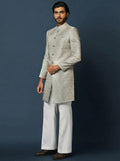 Grey Silk Blend Jacquard Sherwani Wide Leg Trouser Set