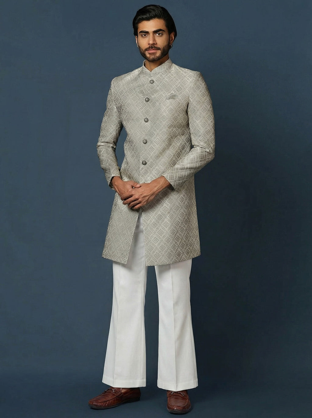 Grey Silk Blend Jacquard Sherwani Wide Leg Trouser Set