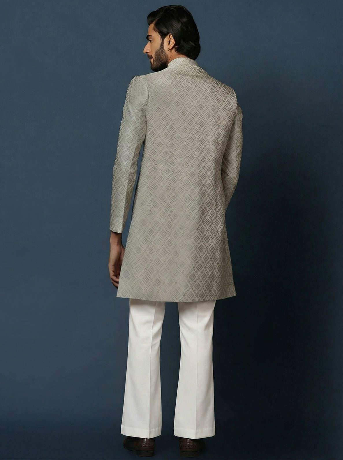 Grey Silk Blend Jacquard Sherwani Wide Leg Trouser Set