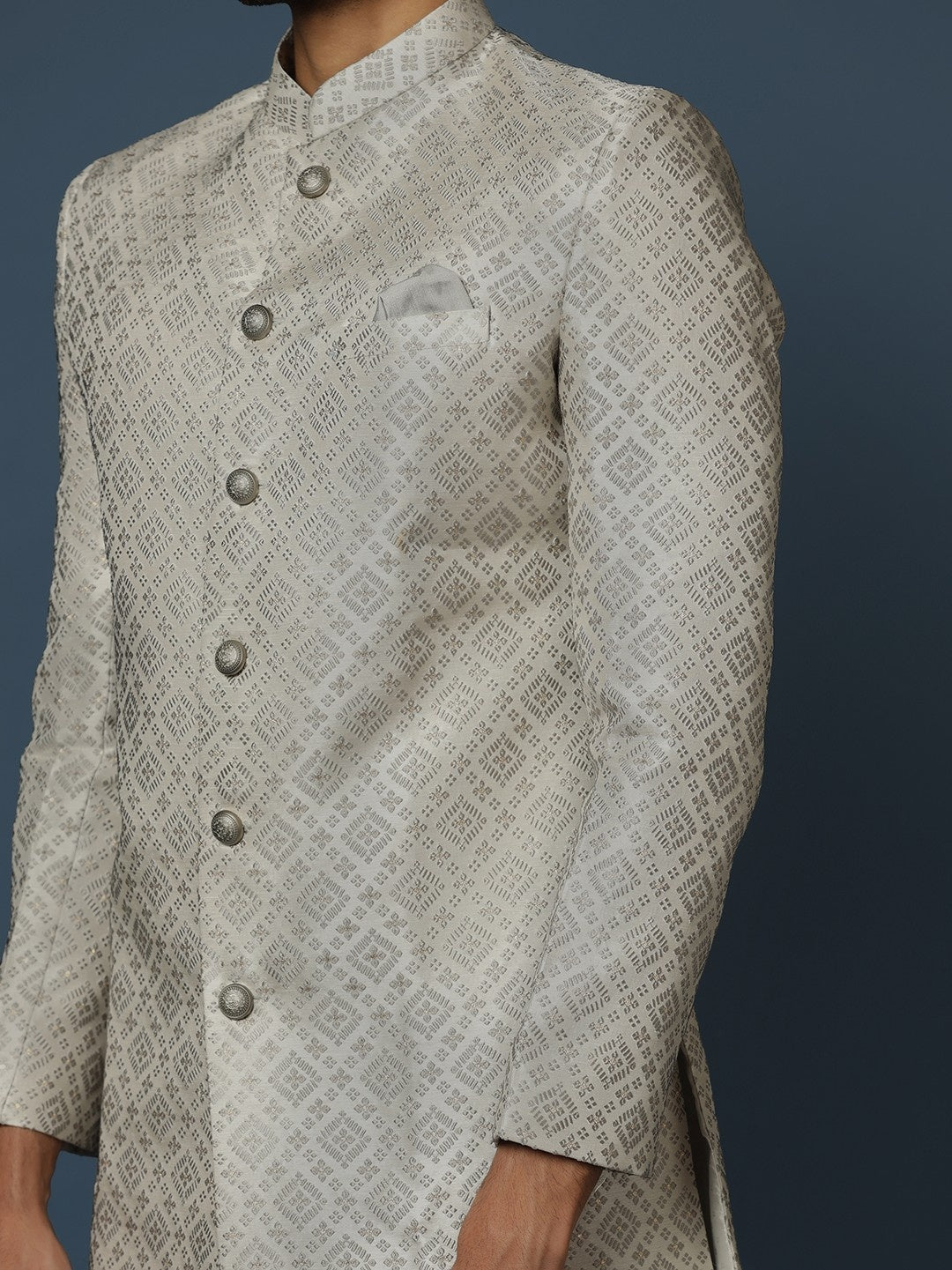 Grey Silk Blend Jacquard Sherwani Wide Leg Trouser Set