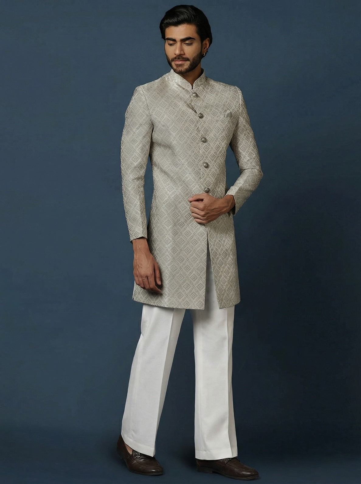 Grey Silk Blend Jacquard Sherwani Wide Leg Trouser Set