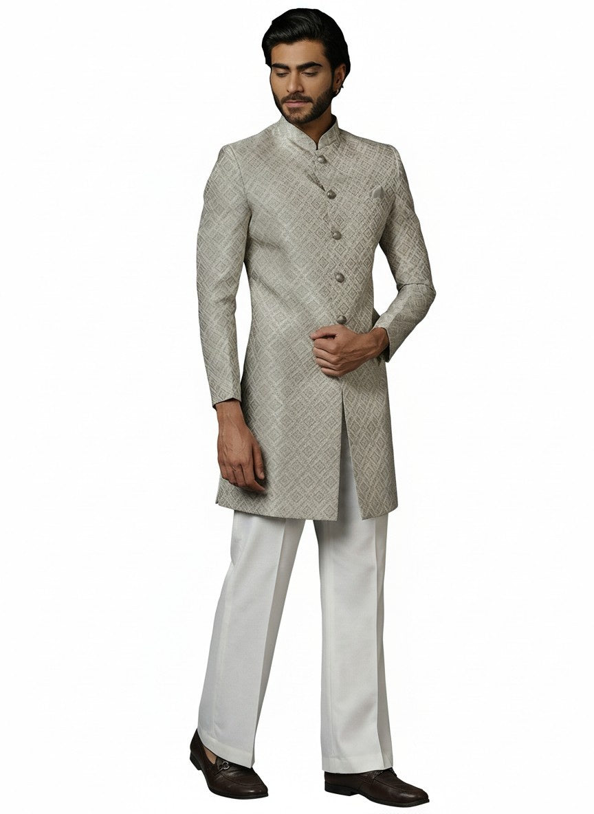 Grey Silk Blend Jacquard Sherwani Wide Leg Trouser Set