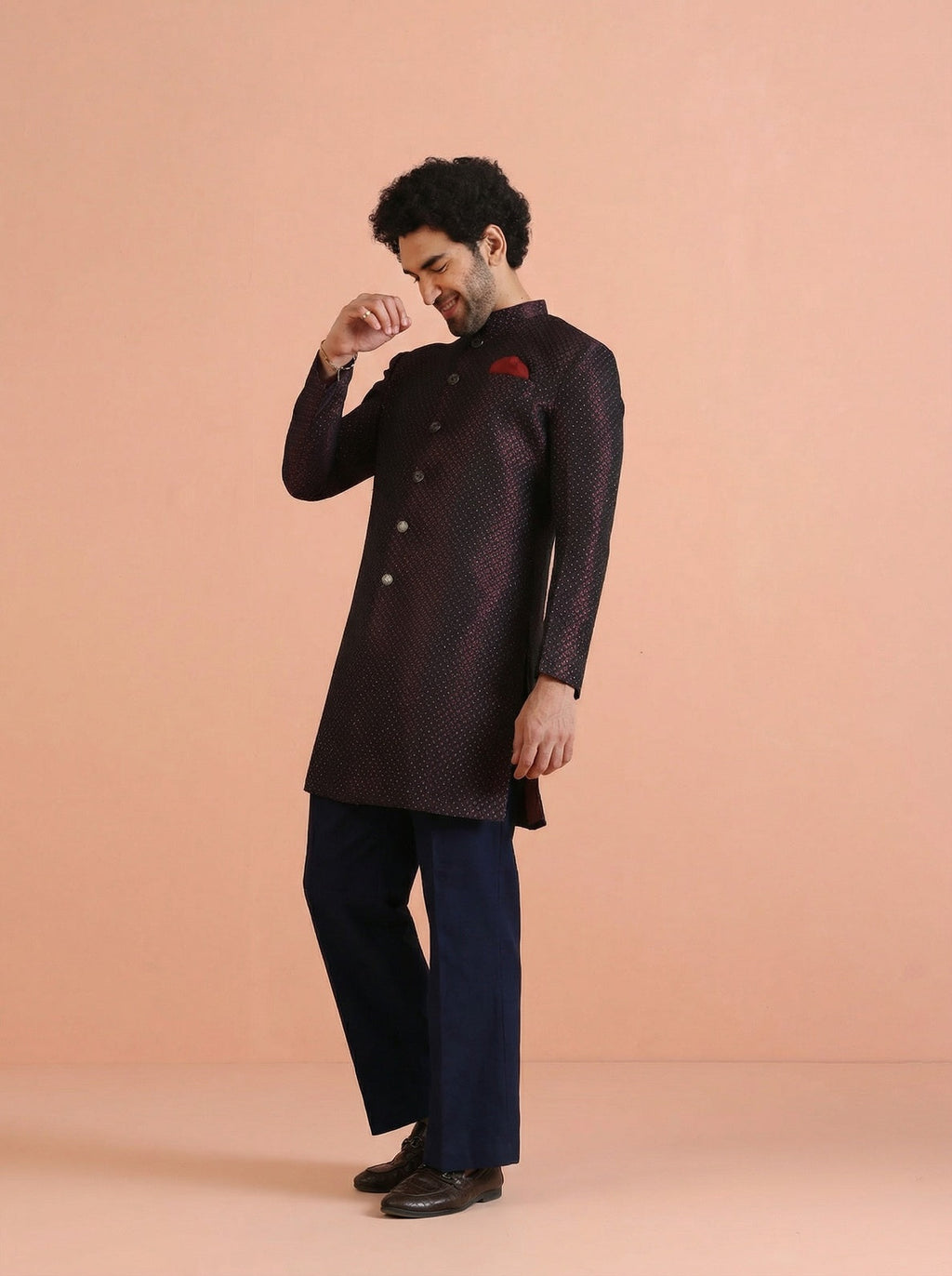 Maroon Silk Blend Jacquard Sherwani Wide Leg Trouser Set