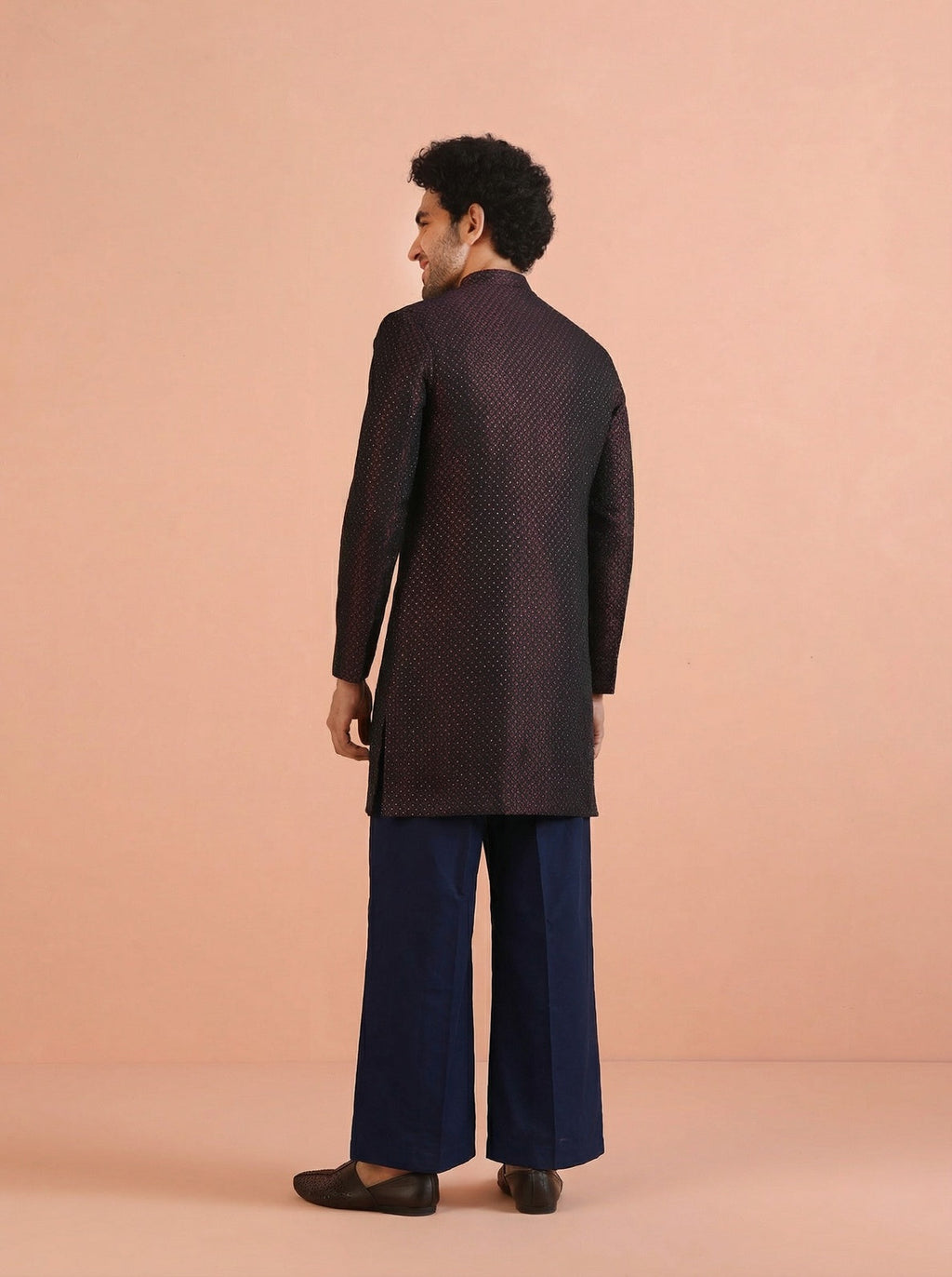 Maroon Silk Blend Jacquard Sherwani Wide Leg Trouser Set