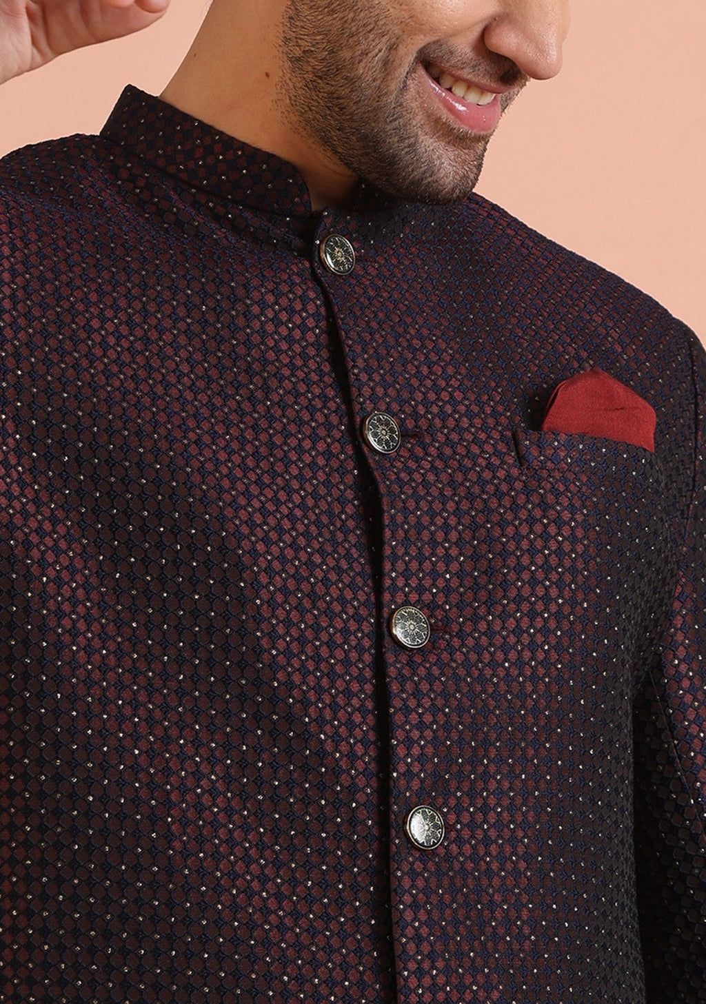 Maroon Silk Blend Jacquard Sherwani Wide Leg Trouser Set