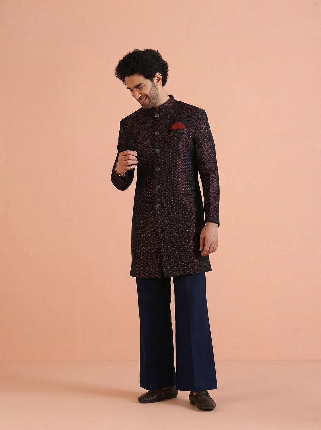 Maroon Silk Blend Jacquard Sherwani Wide Leg Trouser Set