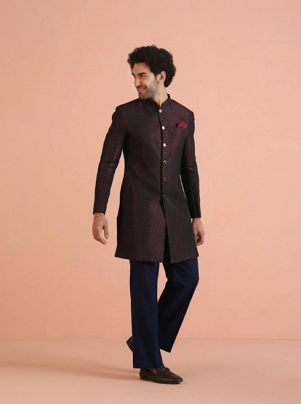 Maroon Silk Blend Jacquard Sherwani Wide Leg Trouser Set