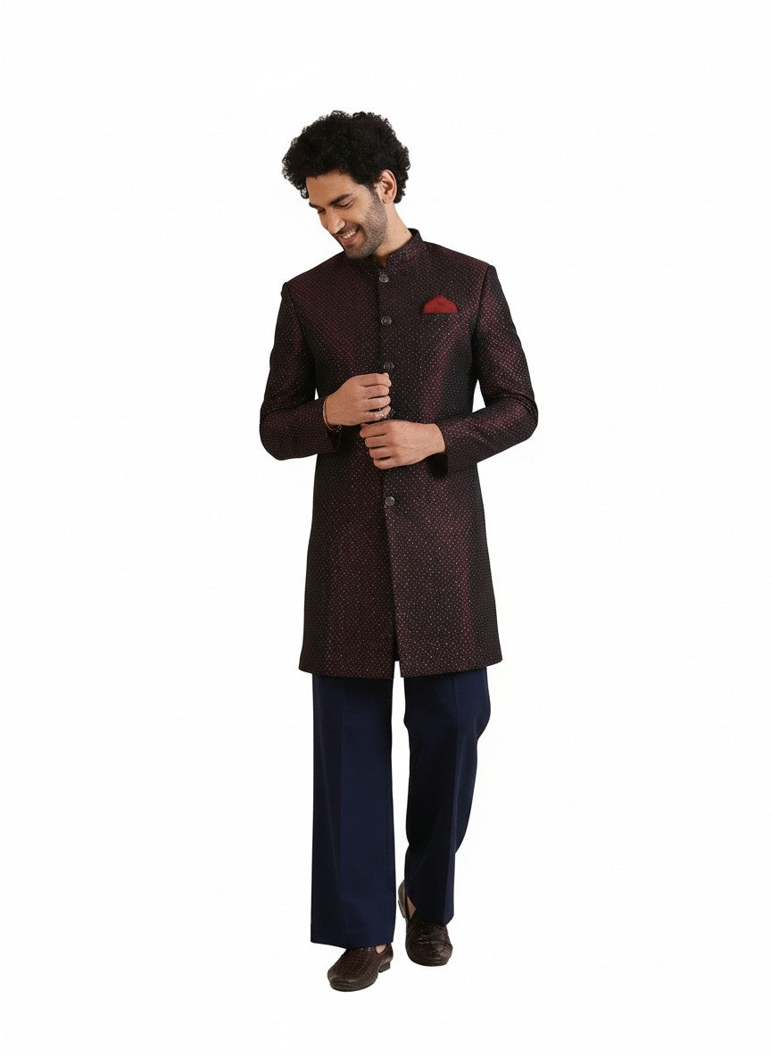 Maroon Silk Blend Jacquard Sherwani Wide Leg Trouser Set