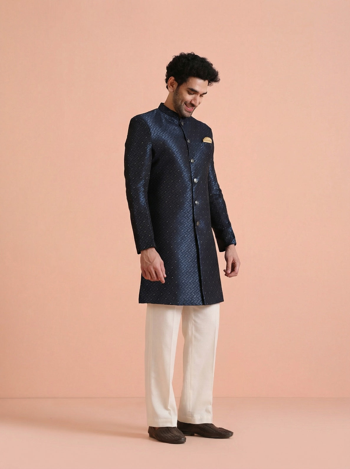 Turquoise Silk Blend Jacquard Sherwani Wide Leg Trouser Set
