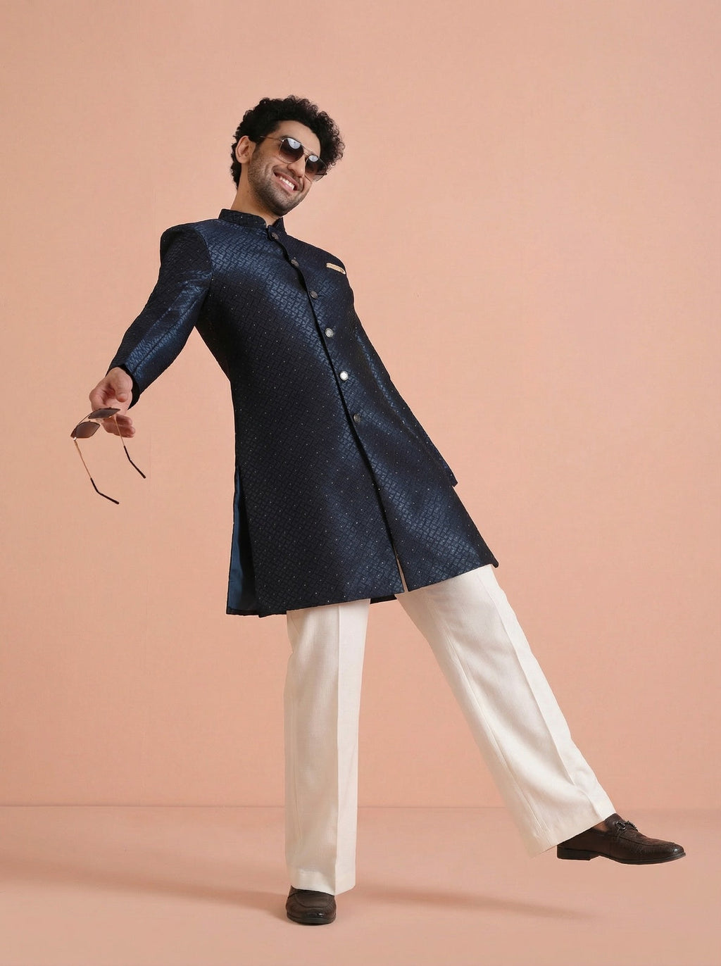 Turquoise Silk Blend Jacquard Sherwani Wide Leg Trouser Set
