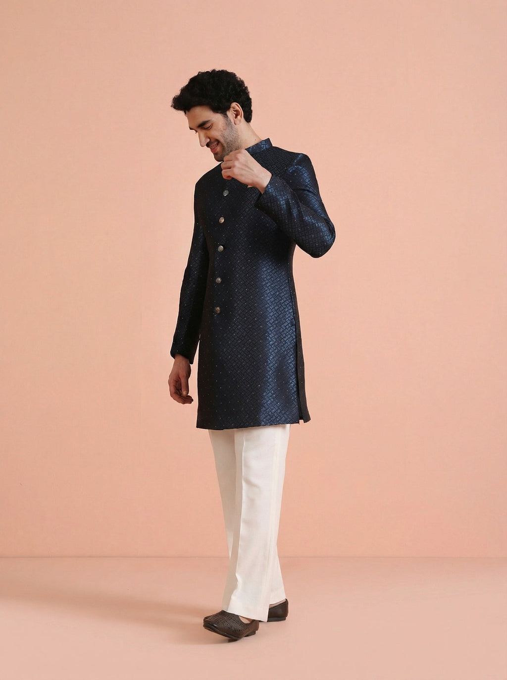Turquoise Silk Blend Jacquard Sherwani Wide Leg Trouser Set