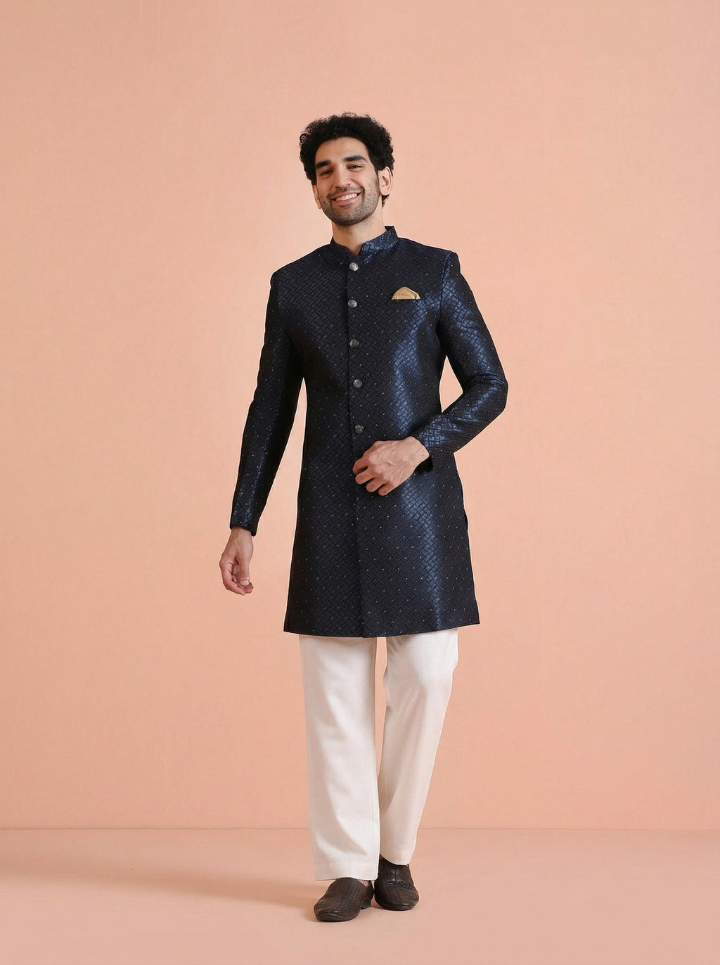 Turquoise Silk Blend Jacquard Sherwani Wide Leg Trouser Set