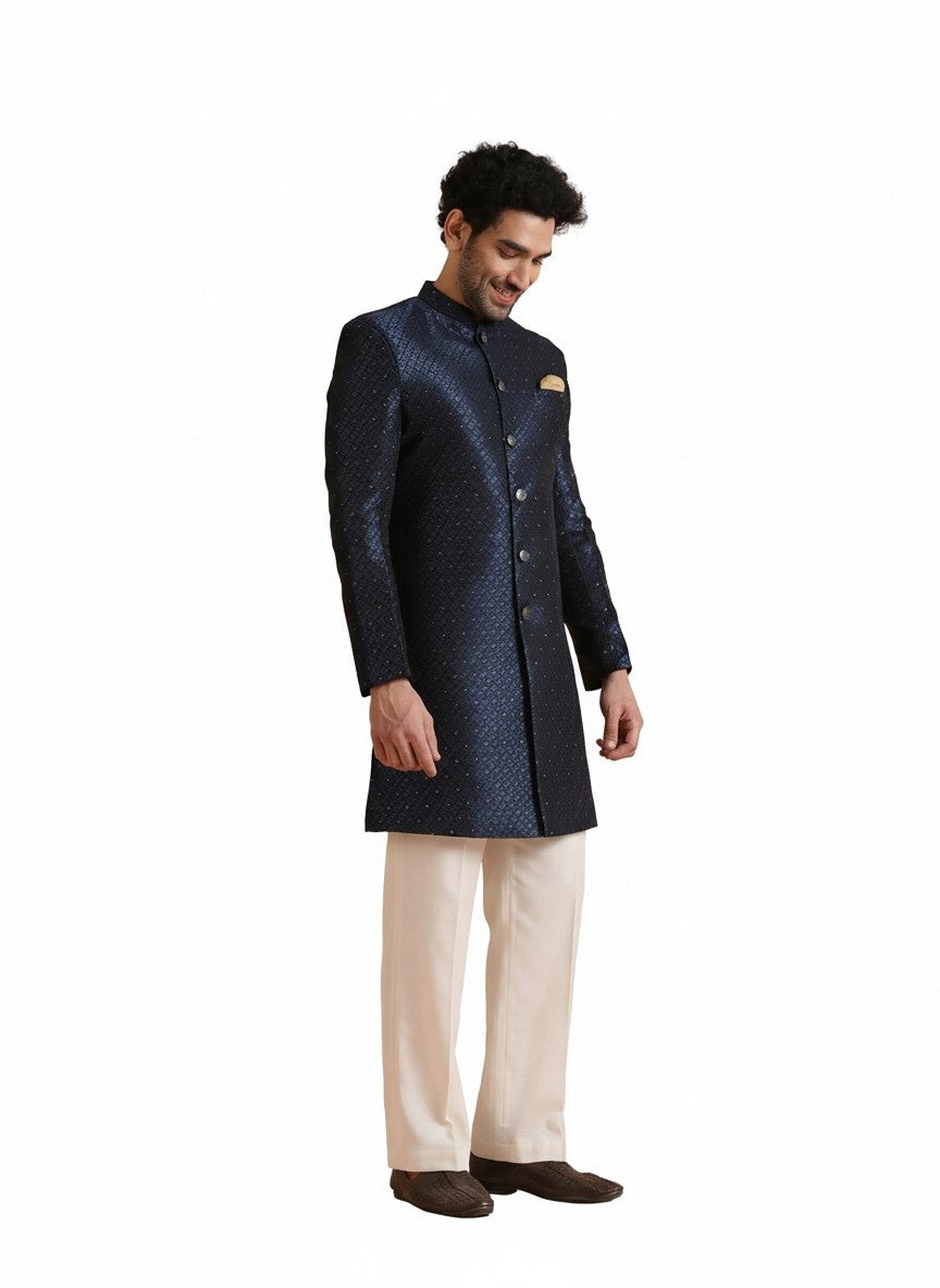 Turquoise Silk Blend Jacquard Sherwani Wide Leg Trouser Set