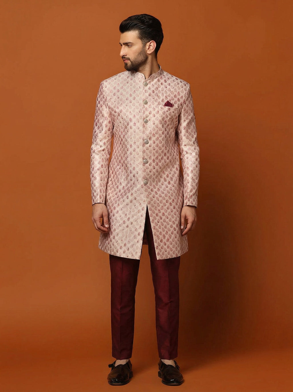 Pink Silk Blend Textured Sherwani Trouser Set