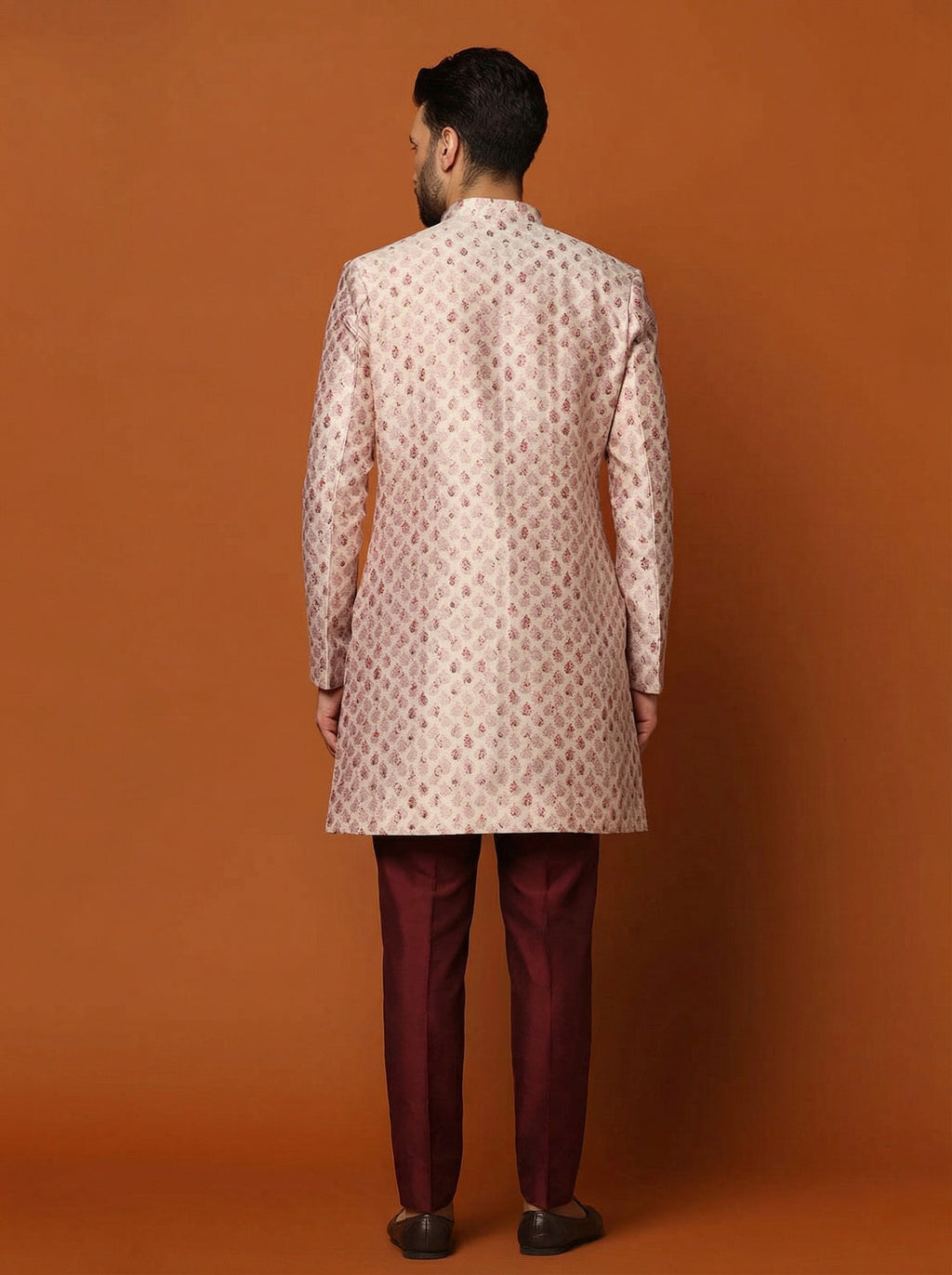 Pink Silk Blend Textured Sherwani Trouser Set