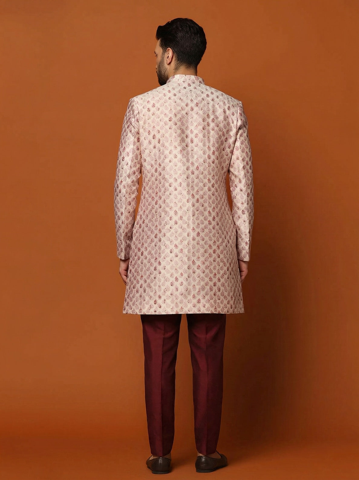 Pink Silk Blend Textured Sherwani Trouser Set