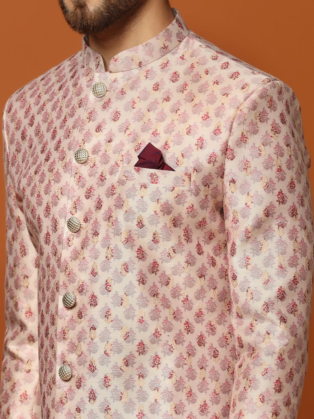 Pink Silk Blend Textured Sherwani Trouser Set
