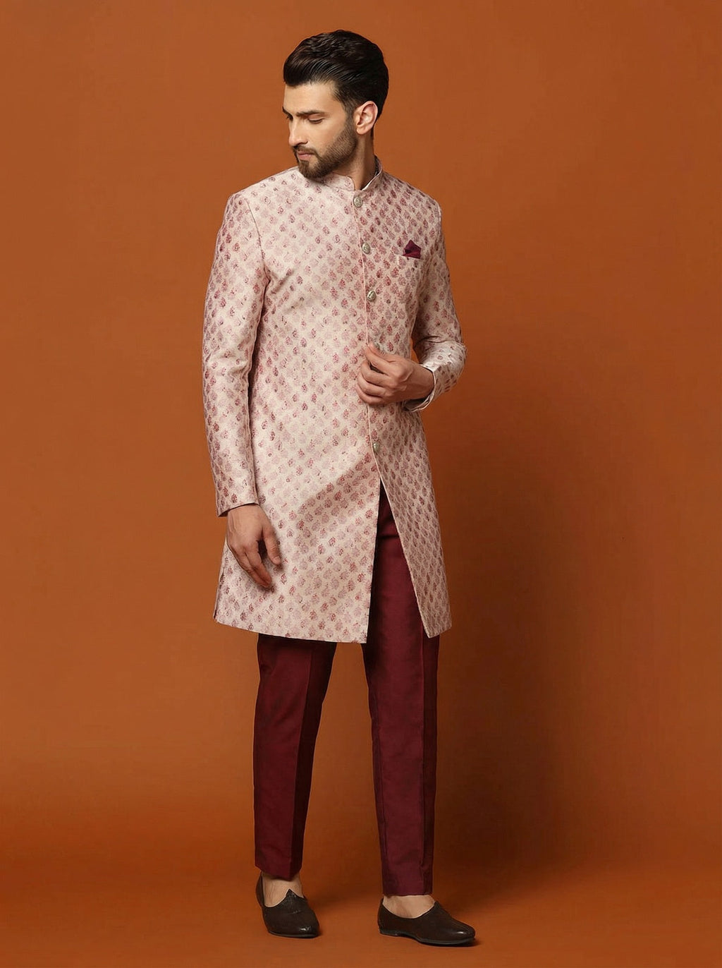Pink Silk Blend Textured Sherwani Trouser Set