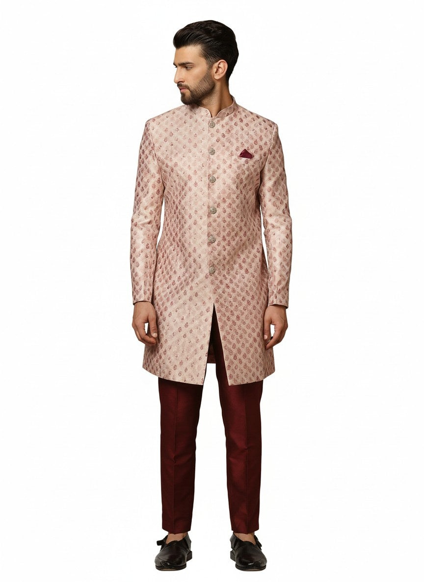 Pink Silk Blend Textured Sherwani Trouser Set