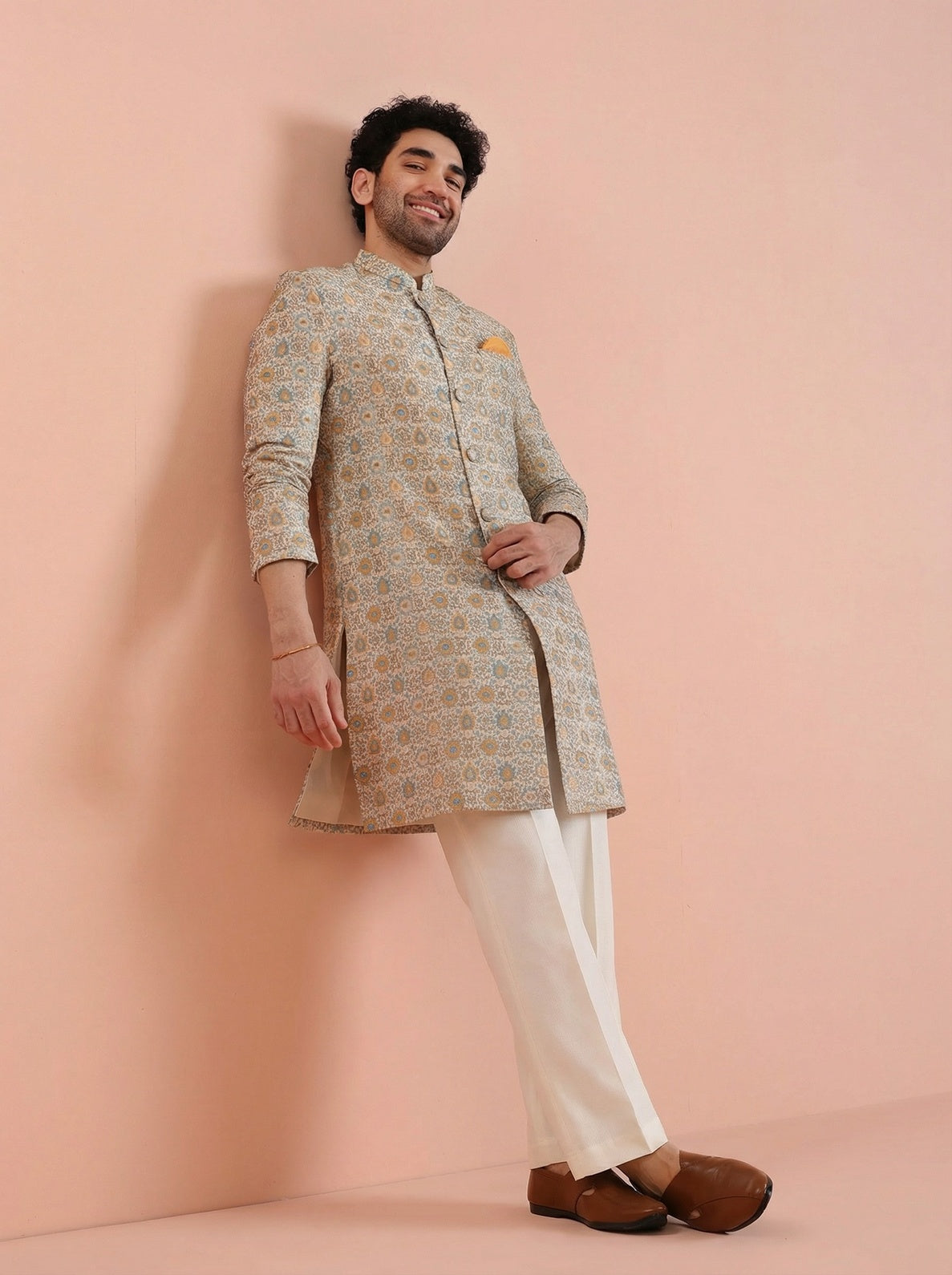 Yellow Silk Blend Jacquard Sherwani Wide Leg Trouser Set