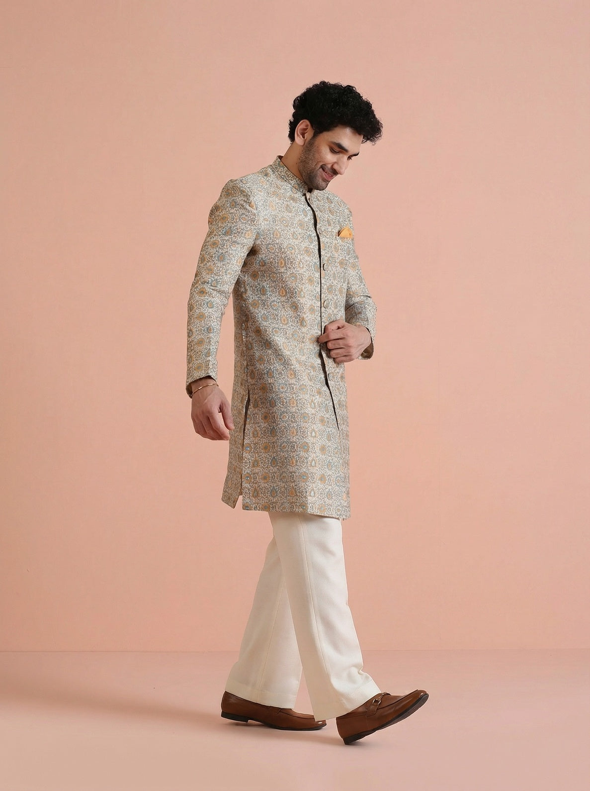 Yellow Silk Blend Jacquard Sherwani Wide Leg Trouser Set