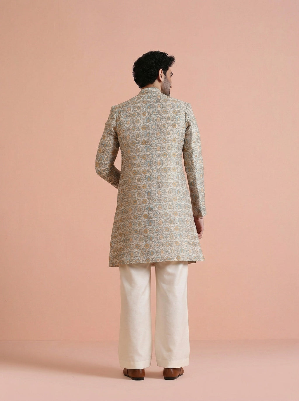 Yellow Silk Blend Jacquard Sherwani Wide Leg Trouser Set