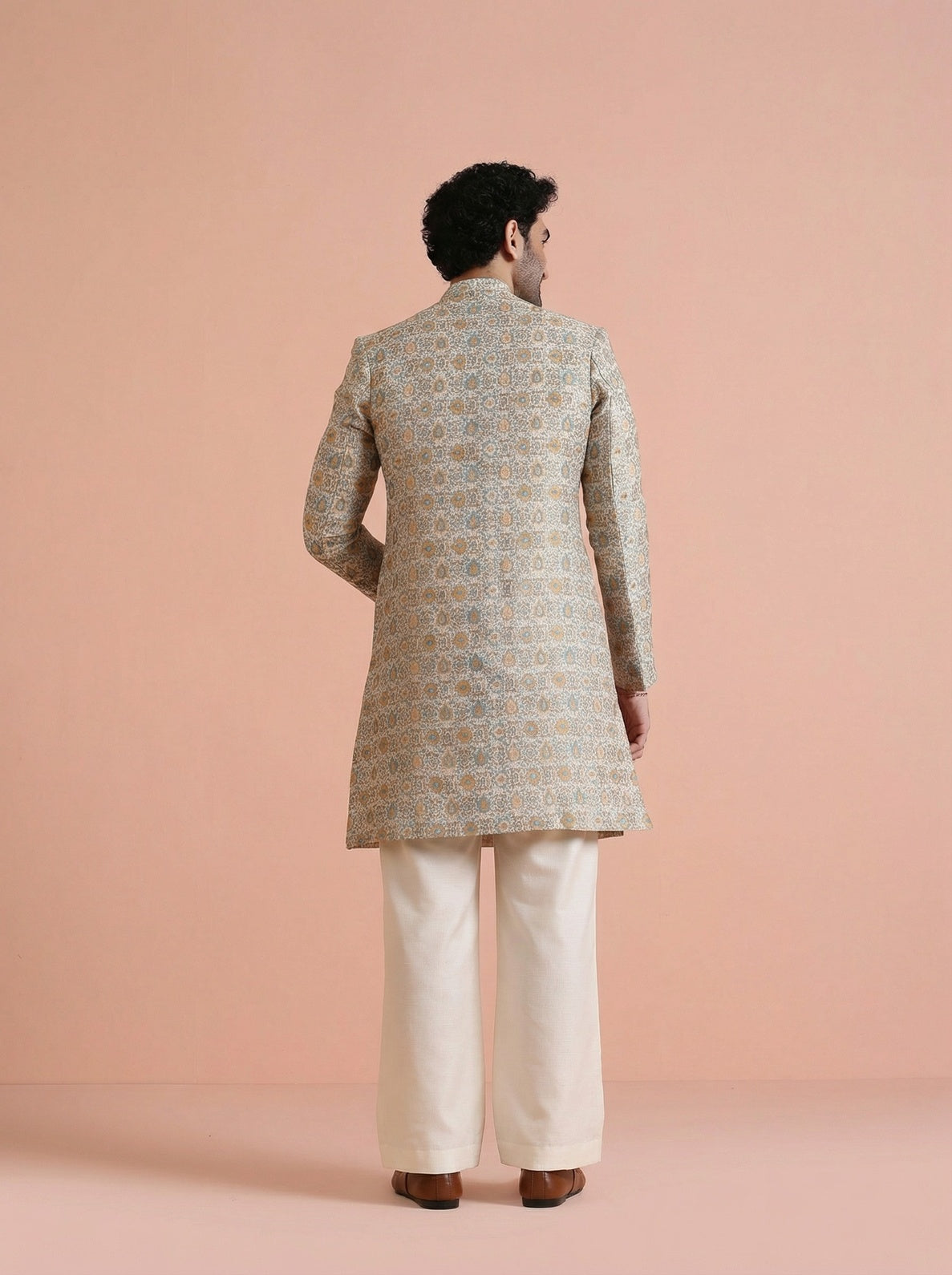 Yellow Silk Blend Jacquard Sherwani Wide Leg Trouser Set
